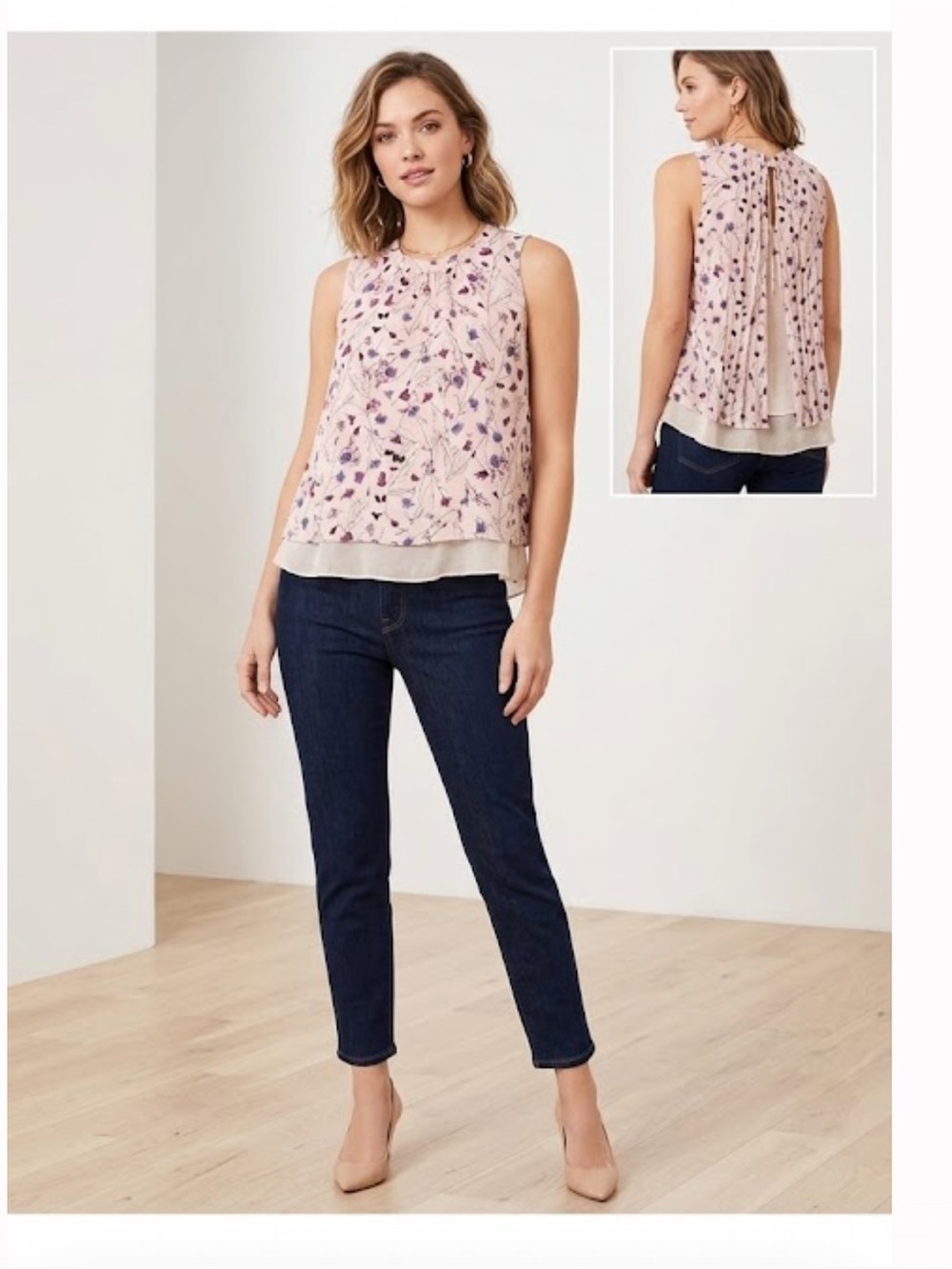 Rebecca Taylor Sleeveless Floral Ruffle-Neck Top - Cream with Purple Floral